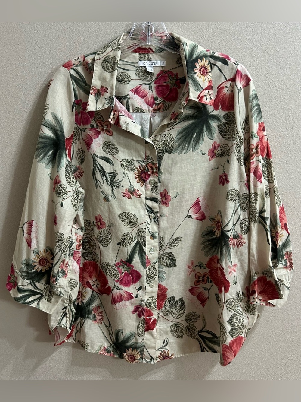 Chicos 100% Linen Button Up Blouse Top Size 3 (XL) Floral Beachy Lightweight